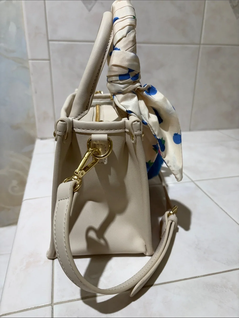 Betsey Johnson Cream and Red Striped Top-Handle Satchel with Blueberry Pom Charm
